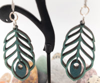 Wooden peacock feather with Stainless Steel Fish hooks Laser Cut Wood Drop Dangle Earrings color washed w/ weathered copper and Blue Lagoon