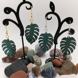 Monstera Leaf Wood Design Nature Lover Green Weathered Copper Laser Cut Basswood Drop Dangle Earrings Silver or Gold Fishhooks