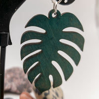 Monstera Leaf Wood Design Nature Lover Green Weathered Copper Laser Cut Basswood Drop Dangle Earrings Silver or Gold Fishhooks - Sprouting Expressions