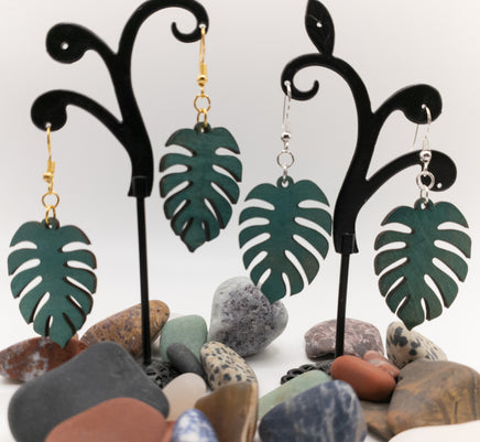 Monstera Leaf Wood Design Nature Lover Green Weathered Copper Laser Cut Basswood Drop Dangle Earrings Silver or Gold Fishhooks