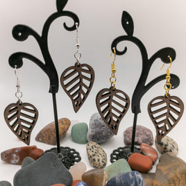 Laser Cut Walnut Wood Drop Dangle Earrings Silver or Gold Fishhooks Leaf Design Nature Lover