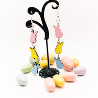 Easter Handmade Laser Cut earrings Trio of Peeps Bunnies - Pink, yellow, blue