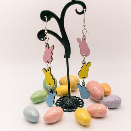 Easter Handmade Laser Cut earrings Trio of Peeps Bunnies - Pink, yellow, blue - Sprouting Expressions