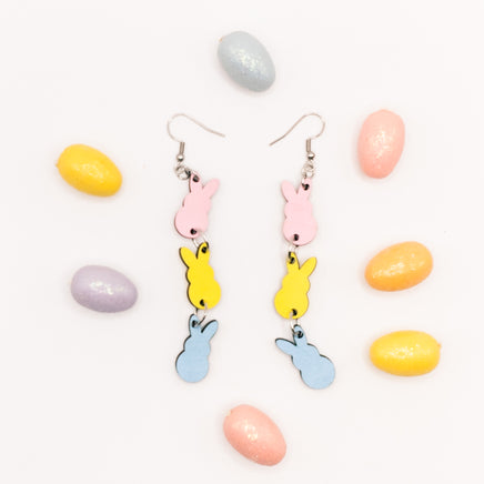 Easter Handmade Laser Cut earrings Trio of Peeps Bunnies - Pink, yellow, blue