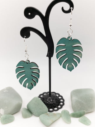 Monstera Leaf Wood Design Nature Lover Green distressed Laser Cut Basswood Drop Dangle Earrings Silver or Gold Fishhooks