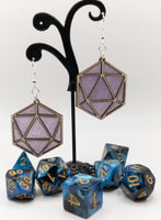 Handmade Laser Cut dangle earrings wood and Resin DnD dice D20 Purple