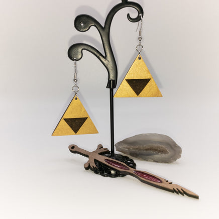 Handmade Laser Cut dangle earrings wood - Metallic Gold Tri-force - Sprouting Expressions