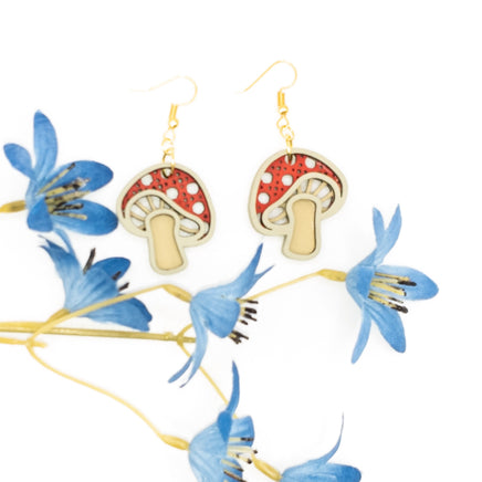 Red Mushroom Handmade Laser Cut drop earrings with stainless steel - gold finish - Sprouting Expressions
