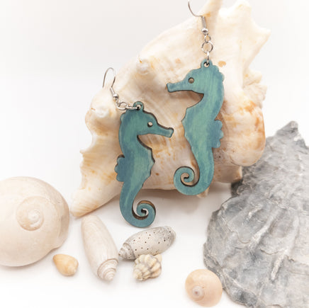Handmade Laser Cut jewelry - Dangle earrings wood & stainless steel - Ocean Seahorse