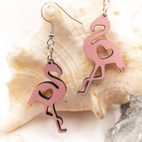 Handmade Laser Cut jewelry - dangle earrings wood & stainless steel - Pink Flamingo Bird