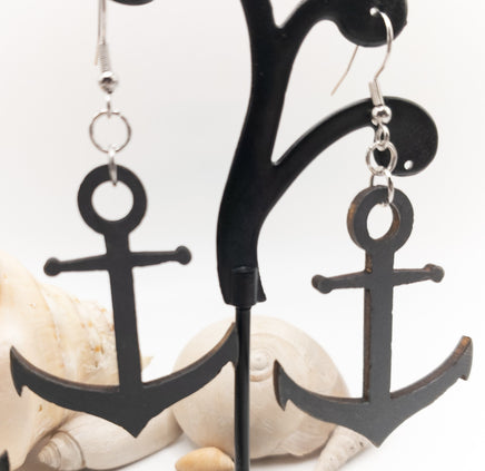 Ship Anchor in Blue or Gray - Wood Dangle earrings - Handmade Laser Cut jewelry  - Ocean Beach Sea - Sprouting Expressions