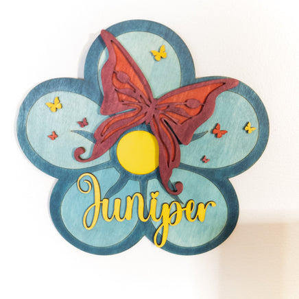 Children's room Butterfly and flower sign - Wooden Hanging Wall Decor - Handmade - Customize Name and Colors - Sprouting Expressions