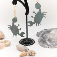 Handmade Laser Cut earrings wood and stainless steel - Ocean Sea Blue Crab