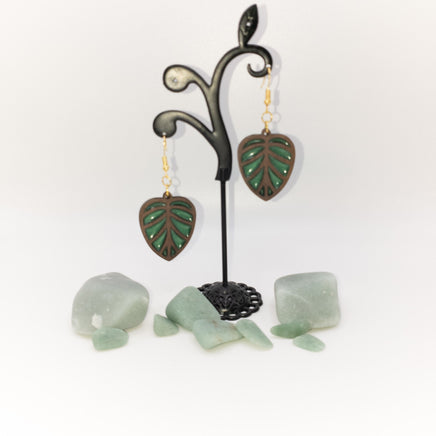 Handmade Laser Cut dangle earrings wood and Resin Nature Leaf Walnut - Sprouting Expressions