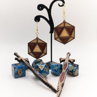 Handmade Laser Cut dangle earrings wood and Resin DnD dice D20 Metallica - Sprouting Expressions