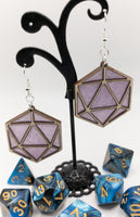 Handmade Laser Cut dangle earrings wood and Resin DnD dice D20 Purple