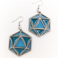 DnD dice D20 Stained Glass Handmade Laser Cut dangle earrings wood and Resin - Sprouting Expressions