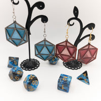 DnD dice D20 Stained Glass Handmade Laser Cut dangle earrings wood and Resin - Sprouting Expressions