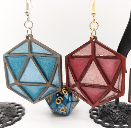 DnD dice D20 Stained Glass Handmade Laser Cut dangle earrings wood and Resin - Sprouting Expressions