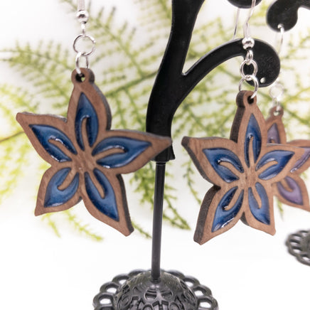 Hibiscus Flower Stained Glass Handmade Laser Cut dangle earrings wood (Old bronze) and Resin - Sprouting Expressions