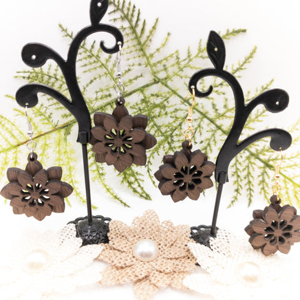 Layered Flower Handmade Laser Cut dangle earrings walnut wood veneer Very Lightweight - Sprouting Expressions