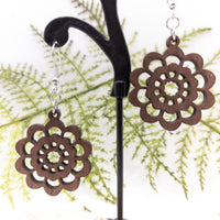 Garden Flower Handmade Laser Cut dangle earrings walnut wood veneer Very Lightweight - Sprouting Expressions