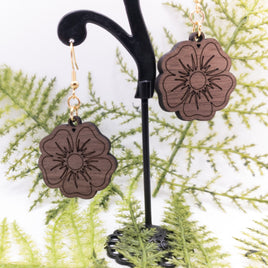 Garden Pansy Flower Handmade Laser Cut and engraved dangle earrings walnut wood veneer Very Lightweight - Sprouting Expressions