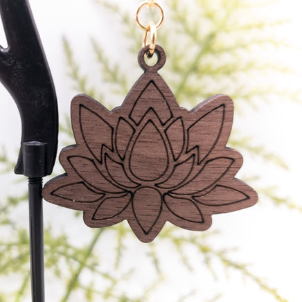 Garden Lotus Flower Handmade Laser Cut and engraved dangle earrings walnut wood veneer Very Lightweight - Sprouting Expressions