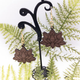 Garden Lotus Flower Handmade Laser Cut and engraved dangle earrings walnut wood veneer Very Lightweight - Sprouting Expressions