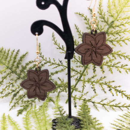 Garden Pinwheel Flower Handmade Laser Cut and engraved dangle earrings walnut wood veneer Very Lightweight - Sprouting Expressions