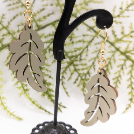 Wooden Leaf earrings with Stainless Steel Fish hooks Laser Cut Wood Drop Dangle Earrings for the Nature Lover in Stonewedge Green - Sprouting Expressions