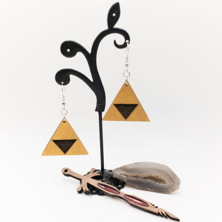 Handmade Laser Cut dangle earrings wood - Metallic Gold Tri-force - Sprouting Expressions