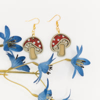 Red Mushroom Handmade Laser Cut drop earrings with stainless steel - gold finish - Sprouting Expressions