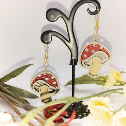 Red Mushroom Handmade Laser Cut drop earrings with stainless steel - gold finish - Sprouting Expressions