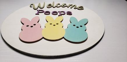 Happy Easter farmhouse Shiplap Welcome Sign - Handmade Wooden layered sign with Bunny Peeps - Sprouting Expressions