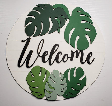Monstera Plant Leaf Shiplap Welcome Sign - Handmade Wooden layered sign - Sprouting Expressions