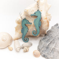 Handmade Laser Cut jewelry - Dangle earrings wood & stainless steel - Ocean Seahorse - Sprouting Expressions
