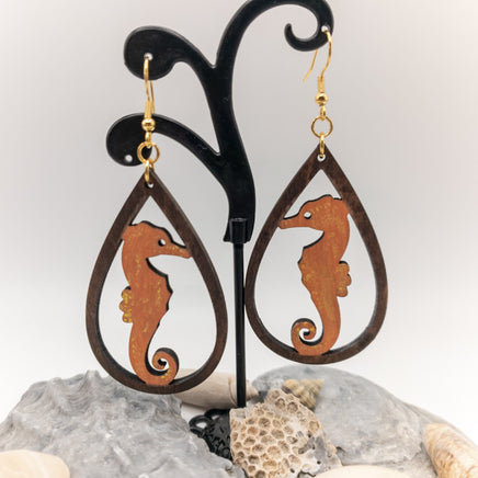 Seahorse Teardrop Earrings Handmade Laser Cut wood dangle earrings Sea Ocean Lover Gift