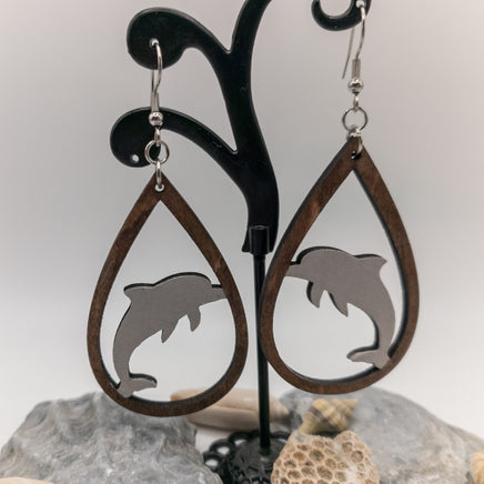 Dolphin Porpoise Teardrop Earrings Handmade Laser Cut wood dangle earrings Sea Ocean Lover Gift - Sprouting Expressions
