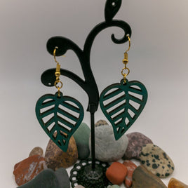 Leaf Design for the Nature Lover - Green Weathered Copper Laser Cut wood Drop Dangle Earrings  - Plant Lover Gift