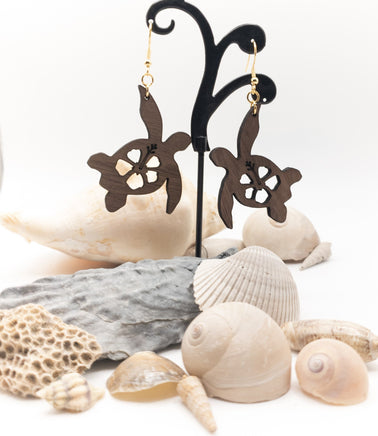 Handmade Laser Cut jewelry - Dangle earrings Walnut wood - Ocean Sea Turtle with Hibiscus Engraved - Sprouting Expressions