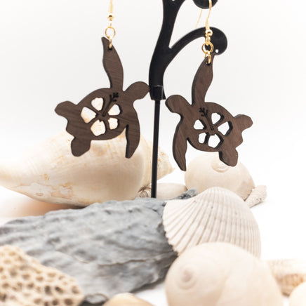 Handmade Laser Cut jewelry - Dangle earrings Walnut wood - Ocean Sea Turtle with Hibiscus Engraved - Sprouting Expressions