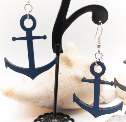 Ship Anchor in Blue or Gray - Wood Dangle earrings - Handmade Laser Cut jewelry  - Ocean Beach Sea - Sprouting Expressions