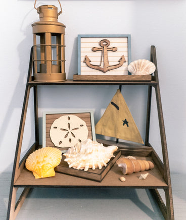 Anchor, Sailboat, Ship's Helm - Coastal Beach Mini Signs - Wooden Shiplap layered home decor - tier tray display or wall mount