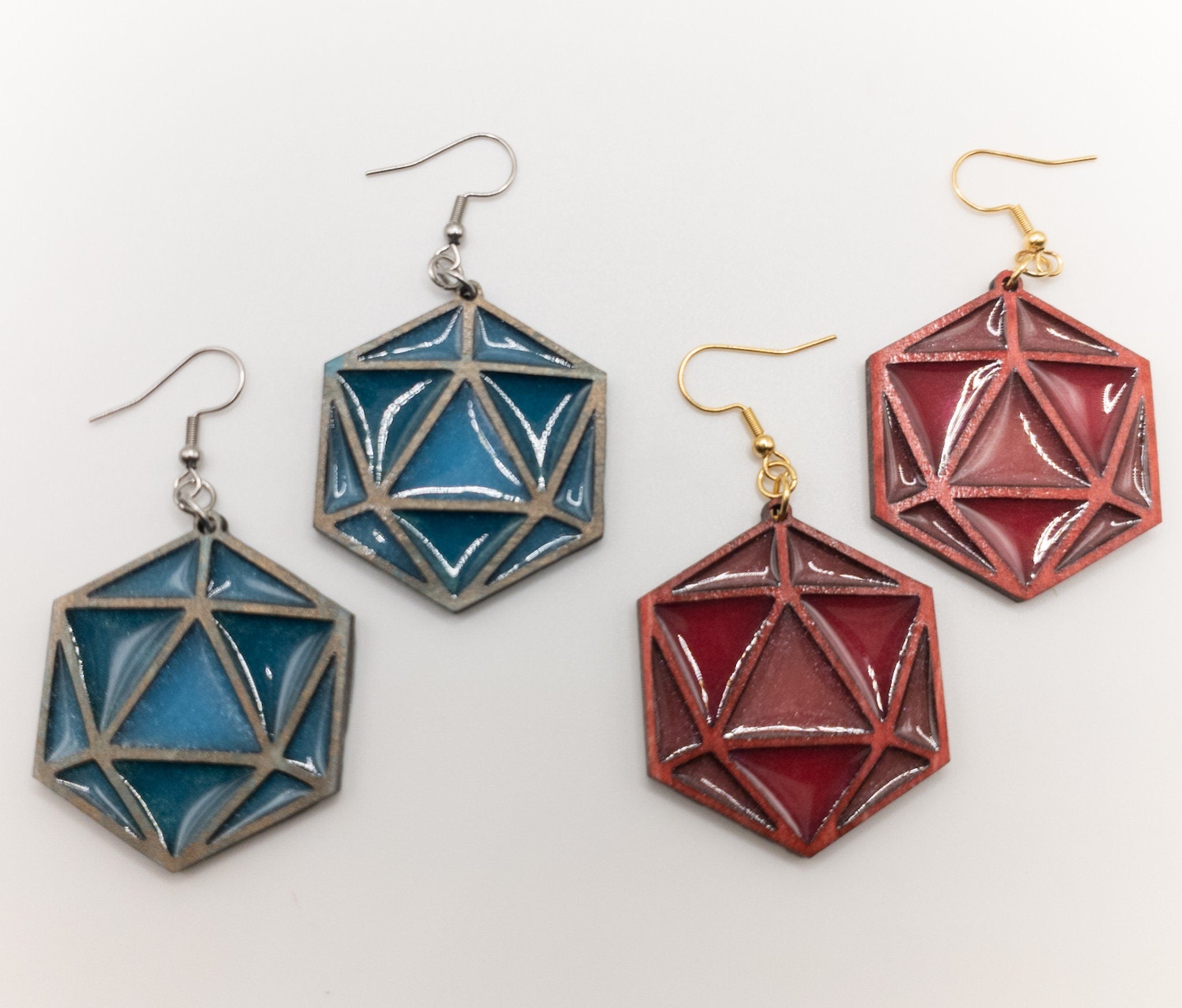 DnD dice D20 Stained Glass Handmade Laser Cut dangle earrings wood