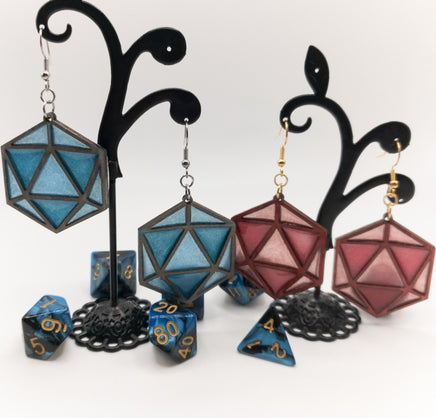 DnD dice D20 Stained Glass Handmade Laser Cut dangle earrings wood and Resin - Sprouting Expressions