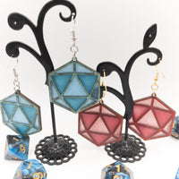 DnD dice D20 Stained Glass Handmade Laser Cut dangle earrings wood and Resin - Sprouting Expressions