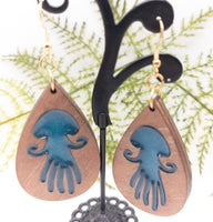 Jellyfish Teardrop 2 layer Earrings Handmade Laser Cut dangle earrings wood and Resin Sea Ocean - Sprouting Expressions