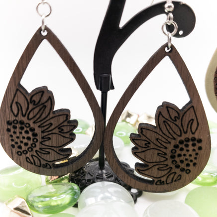 Sunflower Handmade Laser Cut and engraved wood dangle earrings Walnut or Painted - Lightweight Teardrop - Sprouting Expressions