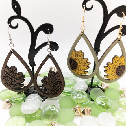 Sunflower Handmade Laser Cut and engraved wood dangle earrings Walnut or Painted - Lightweight Teardrop - Sprouting Expressions